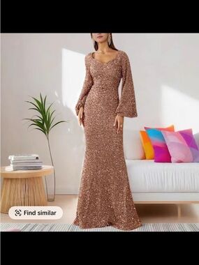 Sequin Evening Gown - Rose Gold Long Sleeve Mermaid Dress